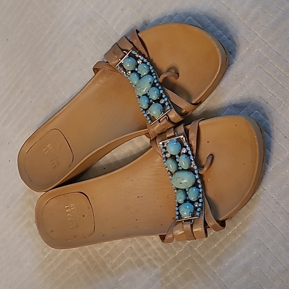 Stuart Weitzman Turquoise Bejeweled Tan Sandals, Made in Spain